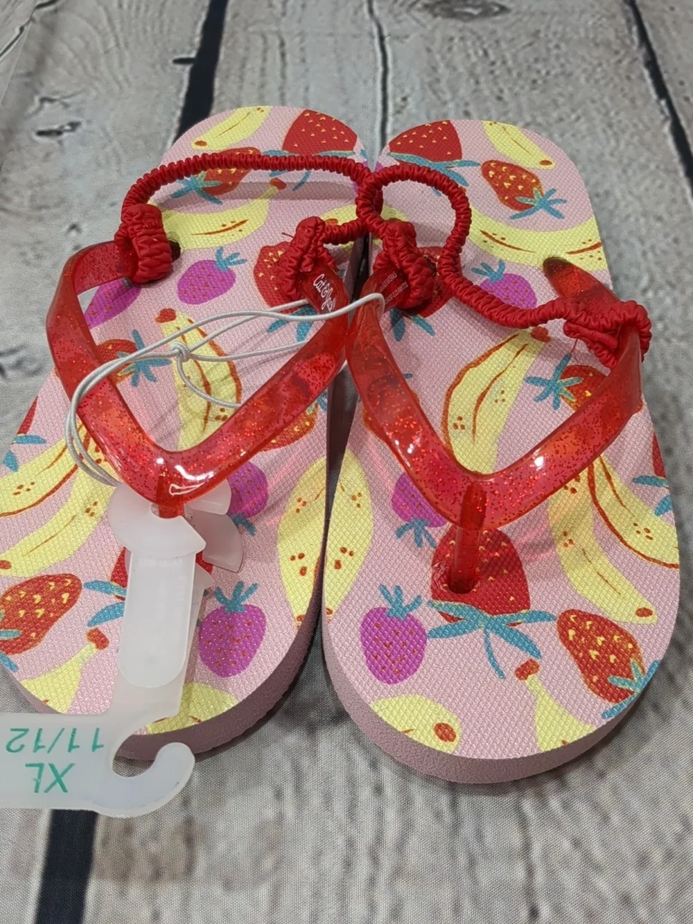 Cat & Jack Red Glitter Strap Pink Fruit-Print Flip Flop Sandals